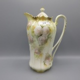 RS Prussia chocolate pot w/white roses decor. Hair line in the lid