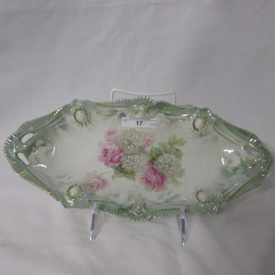 RS Prussia 13" ribbon & jewel mold florla celery tray w/ roses and snowball