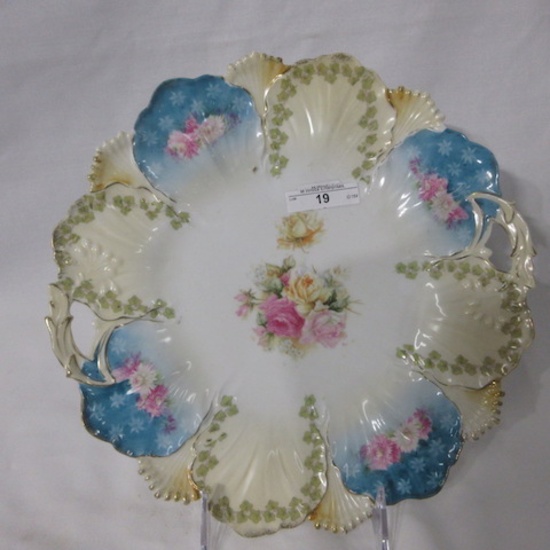 RS Prussia 11" flroal cake plate w/ roses decor and mums in domes. UM