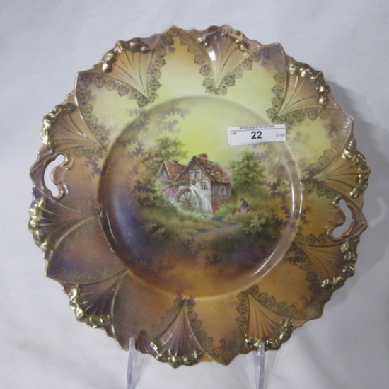 RS Prussia 10.5" sawtooth mold cake plate w/ Mill scene. RM