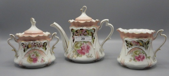 UM RS Prussia reticulated floral 3 pc teaset with gold background. RARE