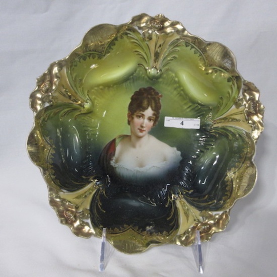RS Prussia 11" lily mold bowl w/ Madame Recaimer portrait. Heavy gold borde