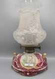 LARGE ES Germany oil lamp w/ coralene shade. double scenic base