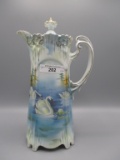 RS Prussia icicle mold chocolate pot w/swans decor.