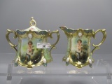 RS Prussia ribbon & jewel mold cream & sugar set w/ melon eaters decor.