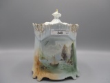 RS Prussia icicle mold biscuit jar w/ man in mountain decor