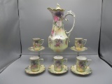 RS Prussia satin finish tall chocolate set w/ 5 cup saucers. Long stem rose