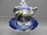 RS Prussia cobalt carnation mold mustard pot w/ underplate