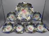 RS Prussia 7pc Iris mold cobalt berry set. Small carnation florals and gold