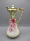 RS Prussia tall stipple mold chocolate pot w. pink and red roses. Gold top