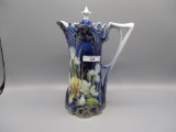 RS Prussia lily mold cobalt & floral chocolate pot w/ gold traced Iris's