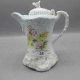 Early Years hand painted floral syrup pitcher w/ patented hinged lid. RARE