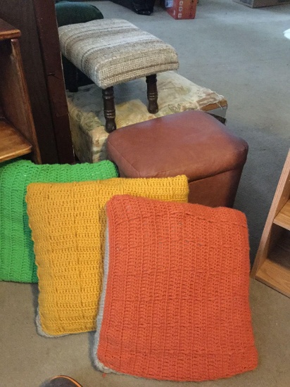 Book case,foot stools,crocheted pillows