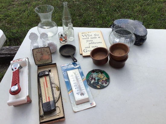 Ohio Thermometer, Wood Bowls, And other items