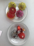 Glass dessert plates and Vintage Ornaments