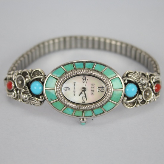 Navajo sterling silver Turquoise & Coral Watch signed STC