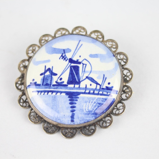 Vintage Delft Silver Filigree Pin Signed