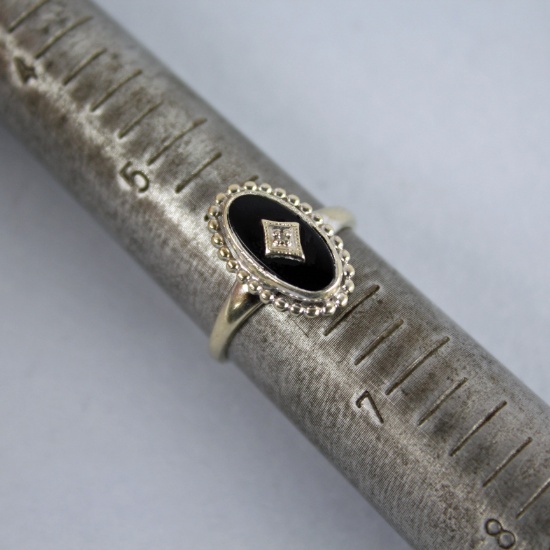 Art Deco 10k White Gold Black Onyx and Diamond Ring Size 6