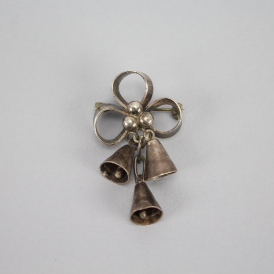 Vintage Taxco Sterling silver Mistletoe & Bells Pin