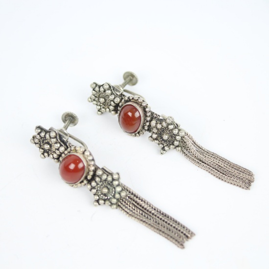 Vintage Sterling Silver Carnelian Screwback Dangle Earrings