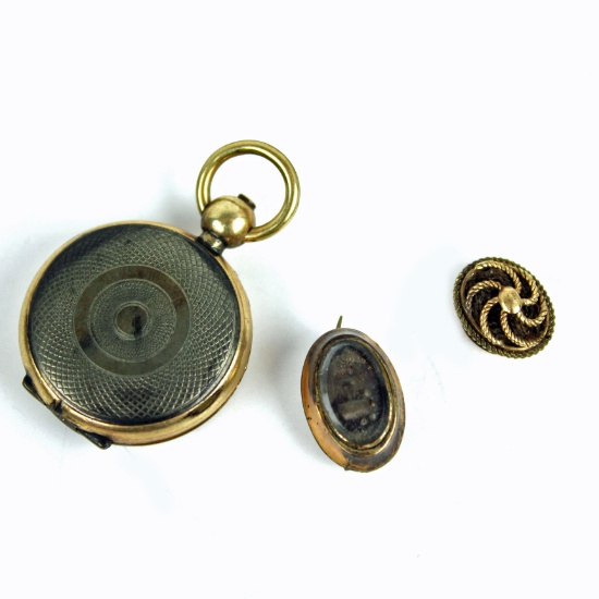 Victorian Mourning Jewelry Lot, Locket, Photo Pin, Braided Hair Gold Button