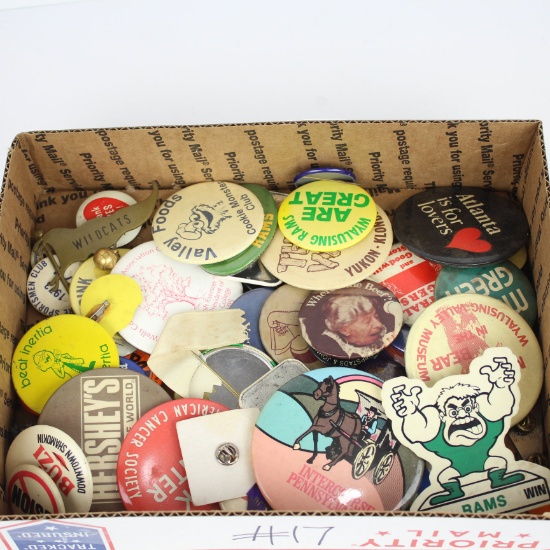 Big Lot of Pinback Buttons, Funny, Political, Sports