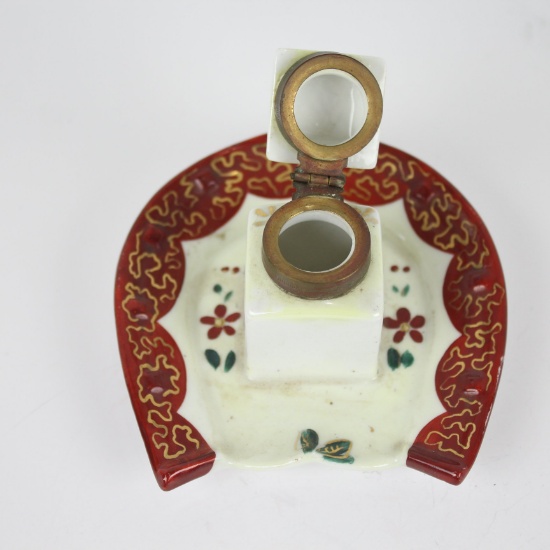 Vintage Hand Painted One Piece Inkwell & Lid