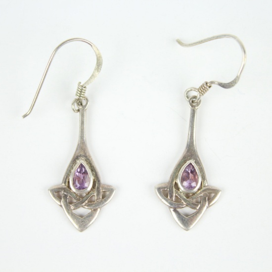 Sterling Silver Celtic Knot Amethyst Dangle Earrings Signed KH94 Kit Heath