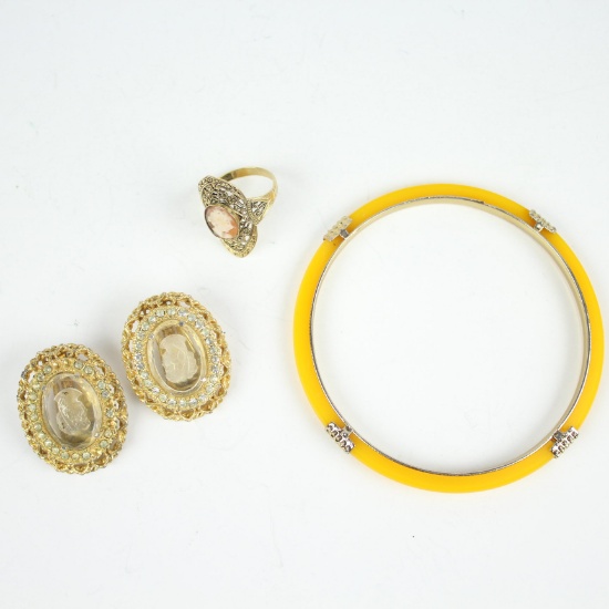 Parklane Etched Glass Earrings, Gold Plated Cameo Ring, Bracelet Lot