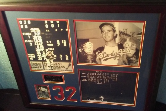 SANDY KOUFAX FRAMED PHOTO COLAGE WITH AUTOGRAPHED BASEBALL CARD
