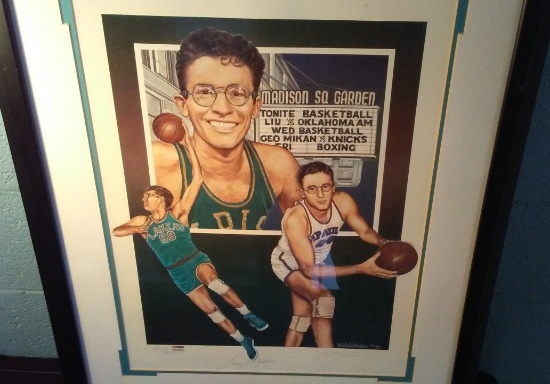 GEORGE MIKAN AUTOGRAPHED B. HELDMAN LITHOGRAPH 18 X 24 LAKERS HOF