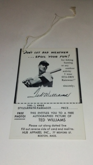 1950's Ted Williams Sta-dry Clothing Tag Mail In Photo Advertising Rare!!!