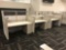 3 station medium/privacy wall cubicle aystem with storage cabinets and additional table