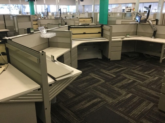 12 desk cubicle system wIth 2 Ergotron sit-stand integrated platforms