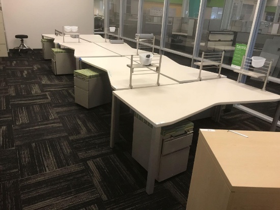 7-72 inch modular desk systems with rollng storage cabinets and 1-72 inch credenza, 4 drawer