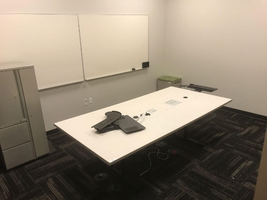 96 in x 48 in conference table system with 4 power/multimedia stations, two upright locking cabinets