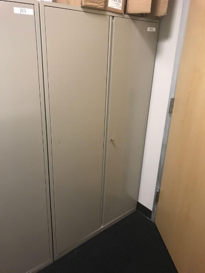 Qty of 4 36 in x 66 in locking storage cabinets with contents and 36 in x 18 in table