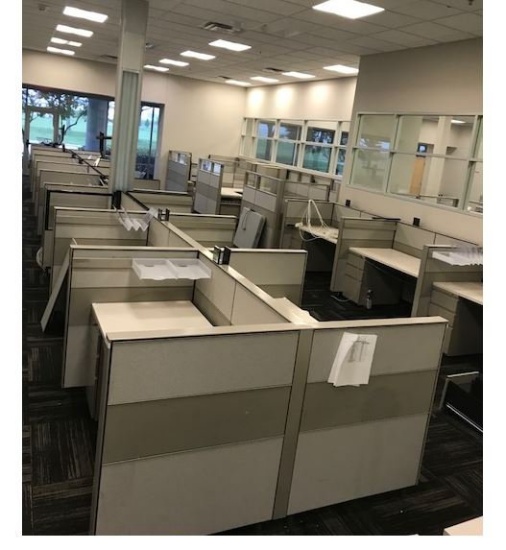 Six station medium height cubicle system with 2-36 inch storage cabinets