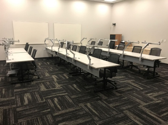 Qty of 8-72 in x 30 in two station tables, 16 office chairs, and 96 in credenza