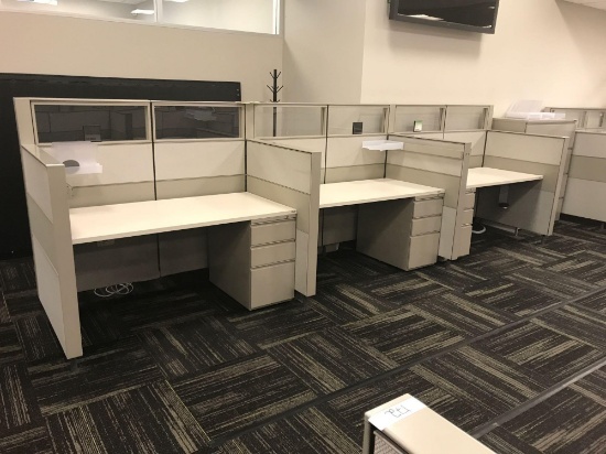 3 station medium/privacy wall cubicle aystem with storage cabinets and additional table