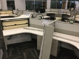 11 desk cubicle system with 1 Ergotron sit-stand integrated platform,2 36 inch low storage cabinets,