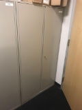Qty of 4 36 in x 66 in locking storage cabinets with contents and 36 in x 18 in table
