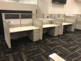 3 station medium/privacy wall cubicle aystem with storage cabinets and additional table