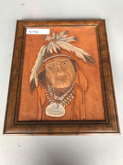 Vintage Framed Native American Indian Leatherwork Art