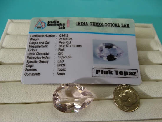 26.90 Ct. Certified Brazilian Pink Topaz Loose Gemstone