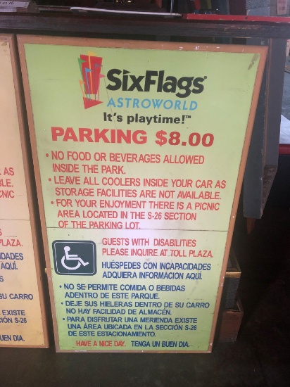 SixFlags AstroWorld Parking pricing sign