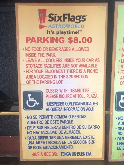 SixFlags AstroWorld Parking pricing sign