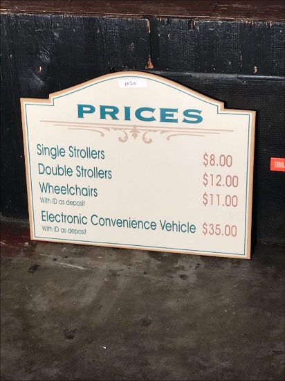 Stroller and wheel chair rental price sign