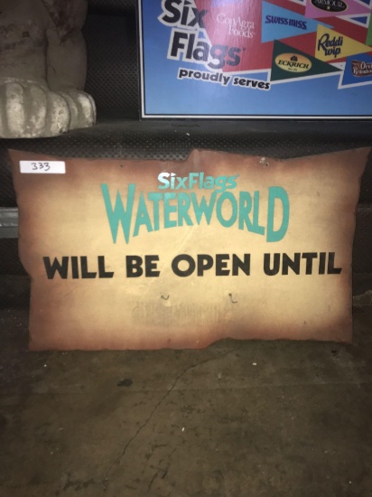 Six flags waterworld will be open 2ft 5in x 1ft 5in wooden sign