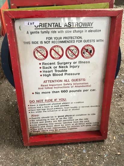 Oriental AstroWay ride safety and instructional sign